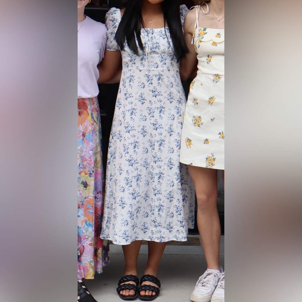 Women’s Summer Blue Flora Dress with Puff Sleeve